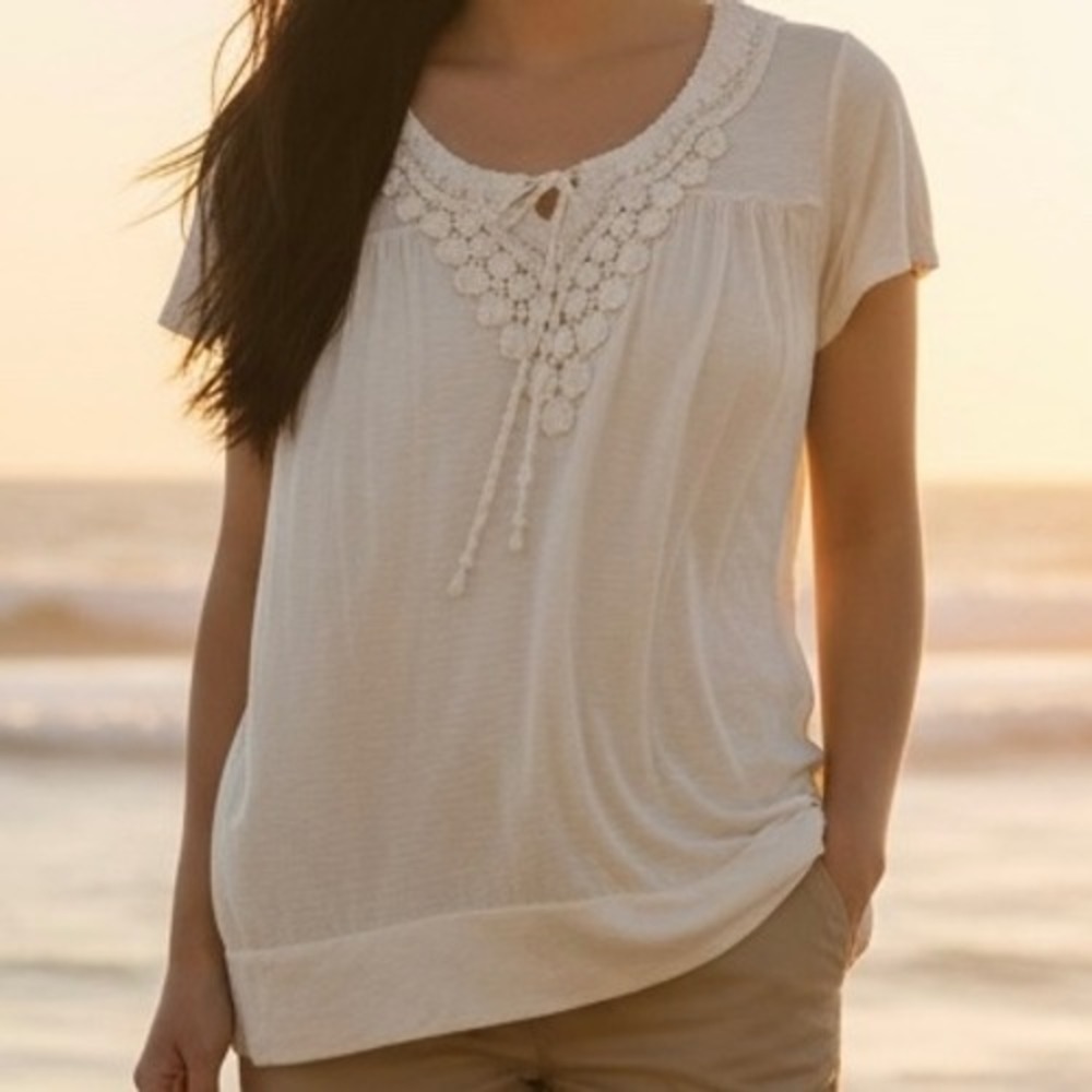 Apt 9‎ Womens Plus 2X Cream Crochet Lace Slub Knit Boho Peasant Blouse Top Boho